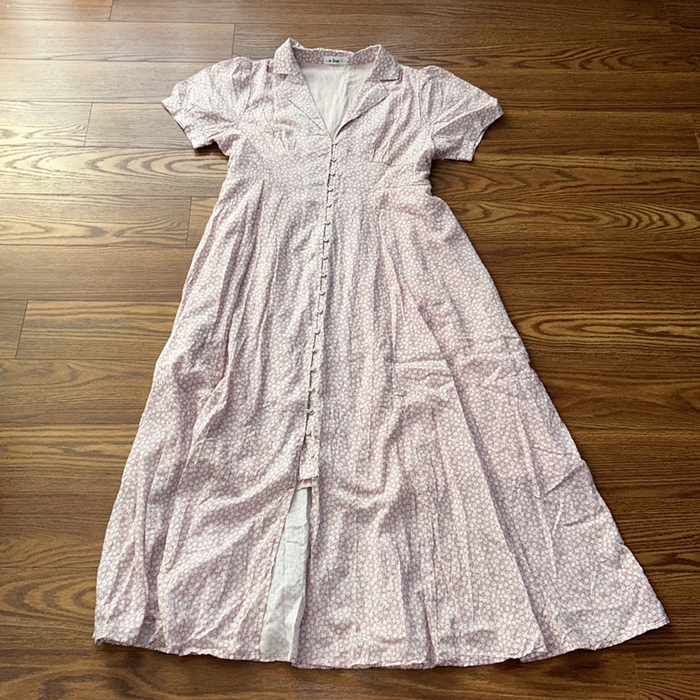 EUC In Loom Soft Pink & White Lined Elise Collared Floral Dress Balloon Sleeve L - Picture 7 of 9